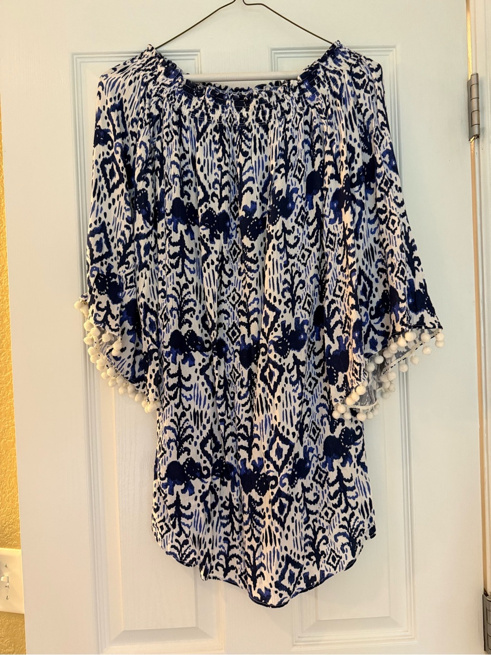 Lilly Pulitzer White and Navy Patterned Off-Shoulder Tunic with Pom Trim